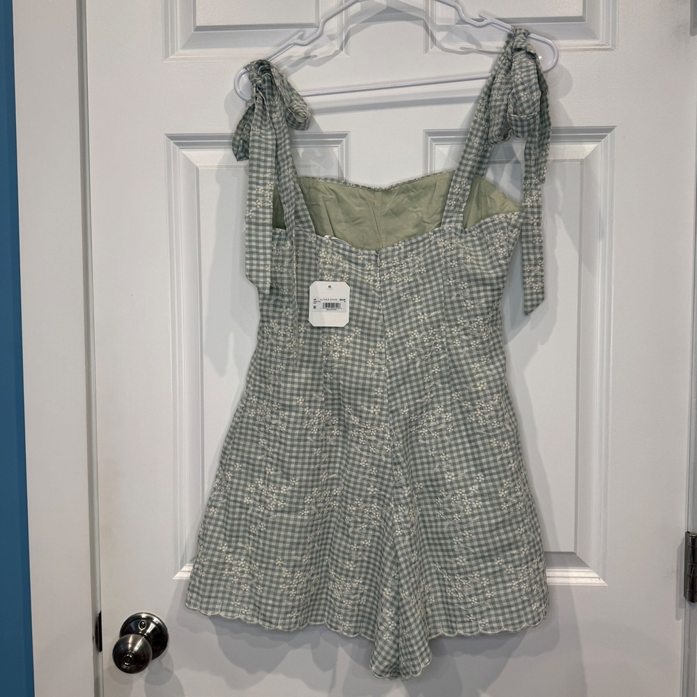 Altar'd State Size Medium Sage Green Gingham Floral Embroidered Tie Strap Romper - Picture 6 of 9